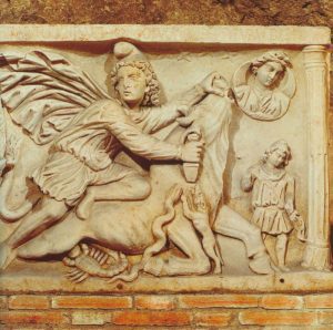 Сцена тауроктонии (Митра-Даждьбог убивает быка). Римский рельеф III века