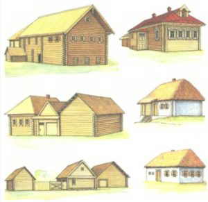 Типы традиционного жилища (порядно сверху вниз): северные и центральные районы России, Пермская область и южные районы, западные районы и Кубань
